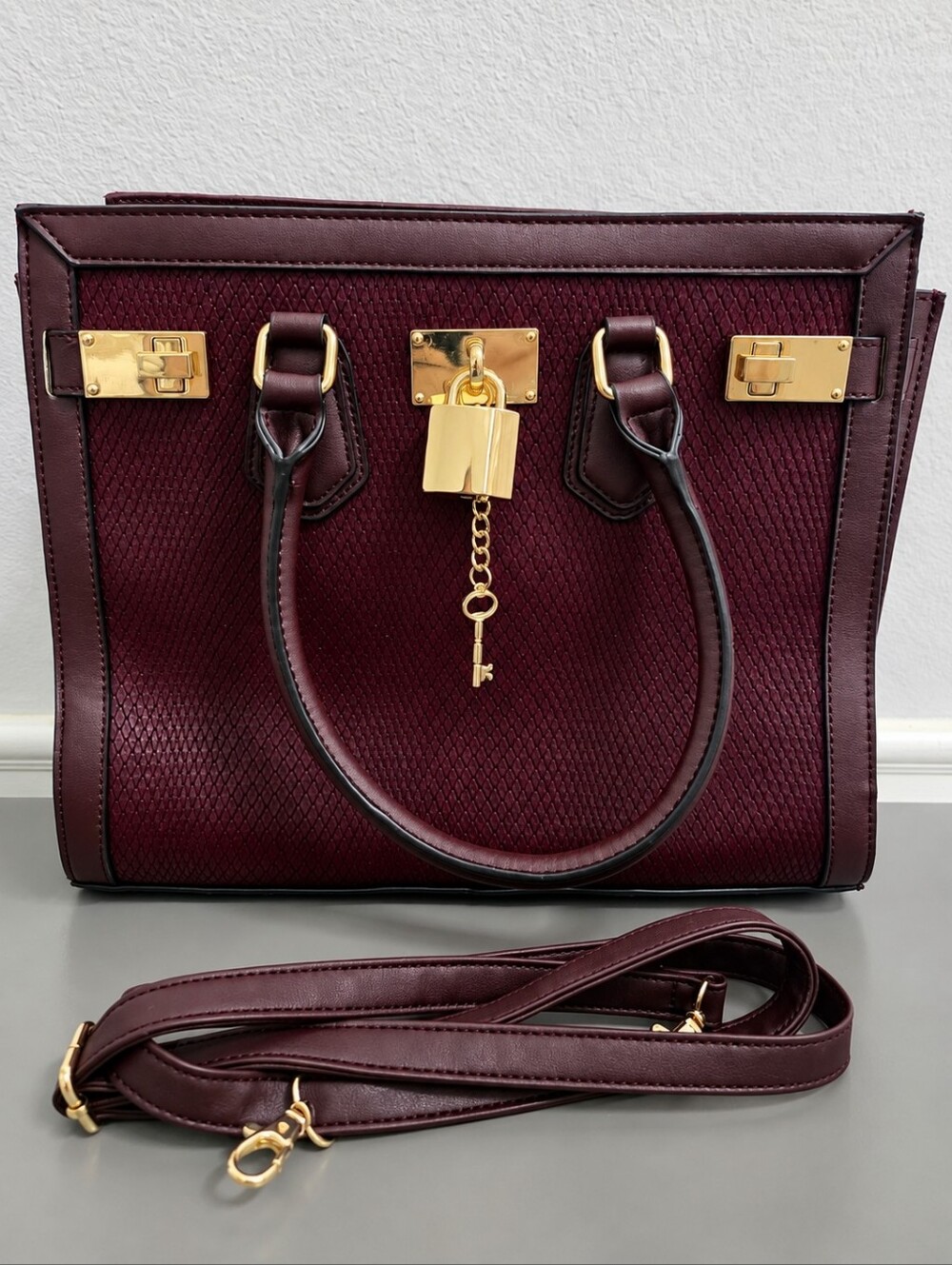 ALDO Burgundy Snakeskin Textured Satchel Lock Key Crossbody Bag